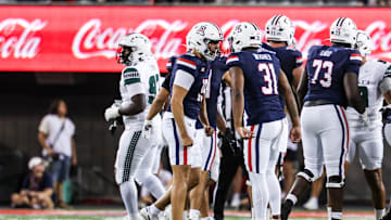 Aug 30, 2025; Tucson, Arizona, USA; Arizona Wildcats kicker Michael Salgado-Medina (19) celebrates a 52-yard field goal during the fourth quarter of the game against the Hawaii Rainbow Warriors at Arizona Stadium. Mandatory Credit: Aryanna Frank-Imagn Images