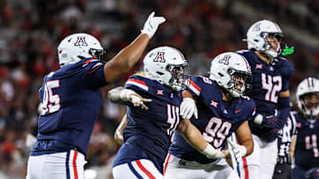 Aug 30, 2025; Tucson, Arizona, USA; Arizona Wildcats defensive lineman Leroy Palu (95), defensive lineman Julian Savaiinaea (41), defensive lineman Mays Pese (99), and defensive lineman Dominic Lolesio (42) all celebrate after they intercept the ball from the Hawaii Rainbow Warriors during the third quarter at Arizona Stadium. Mandatory Credit: Aryanna Frank-Imagn Images