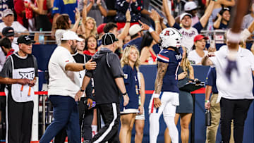 Sep 12, 2025; Tucson, Arizona, USA; Arizona Wildcats quarterback Noah Fifita (1) celebrates after a touchdown is confirmed by replay against the Kansas State Wildcats during the second quarter of the game at Arizona Stadium. Mandatory Credit: Aryanna Frank-Imagn Images