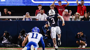 Oct 11, 2025; Tucson, Arizona, USA; Arizona Wildcats running back Kedrick Reescano (3) runs a touchdown in the fourth quarter of the game against the Brigham Young Cougars at Arizona Stadium. Mandatory Credit: Aryanna Frank-Imagn Images