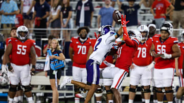 Sep 6, 2025; Tucson, Arizona, USA; Weber State Wildcats center back Ishaan Daniels (22) interferes with a pass intended for wide receiver Chris Hunter (11) during the third quarter of the game at Arizona Stadium. Mandatory Credit: Aryanna Frank-Imagn Images