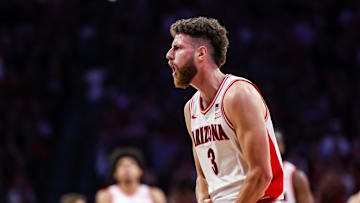 Nov 7, 2025; Tucson, Arizona, USA; Arizona Wildcats guard Anthony Dell’Orso (3) celebrates a three-pointer he makes during the first half of the game against the Utah Tech Trailblazers at McKale Memorial Center. Mandatory Credit: Aryanna Frank-Imagn Images