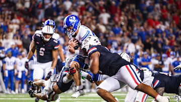 Oct 11, 2025; Tucson, Arizona, USA; Brigham Young Cougars quarterback Bear Bachmeier (47) scores a touchdown in the fourth quarter against the Arizona Wildcats at Arizona Stadium. Mandatory Credit: Aryanna Frank-Imagn Images