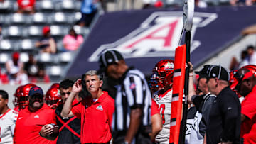 Oct 4, 2025; Tucson, Arizona, USA; Arizona Wildcats head coach Brent Brennan looks up at the scoreboard during the first quarter of the game against the Oklahoma State Cowboys at Arizona Stadium. Mandatory Credit: Aryanna Frank-Imagn Images