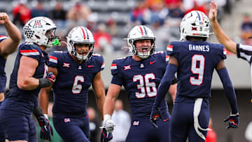 Nov 22, 2025; Tucson, Arizona, USA; Arizona Wildcats linebacker Dominic Hanger (36) celebrates during the fourth quarter of the game of the game against the Baylor Bears at Casino Del Sol Stadium. Mandatory Credit: Aryanna Frank-Imagn Images