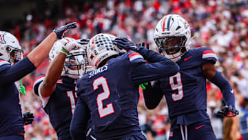 Nov 22, 2025; Tucson, Arizona, USA; Arizona Wildcats defensive back Treydan Stukes (2) dances after he intercepts the ball in the end zone during the fourth quarter of the game against the Baylor Bears at Casino Del Sol Stadium. Mandatory Credit: Aryanna Frank-Imagn Images