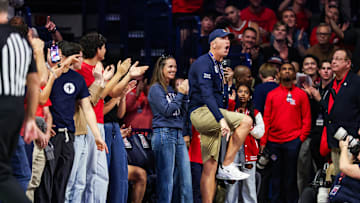 Nov 29, 2025; Tucson, Arizona, USA; Arizona Wildcats head football coach Brent Brennan reacts during the first half against the Norfolk State Spartans at McKale Memorial Center. Mandatory Credit: Aryanna Frank-Imagn Images