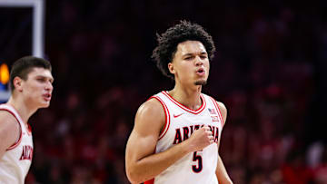 Dec 6, 2025; Tucson, Arizona, USA; Arizona Wildcats guard Brayden Burries (5) celebrates during the first half of the game against the Auburn Tigers at McKale Memorial Center. Mandatory Credit: Aryanna Frank-Imagn Images