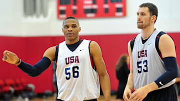 Guard Russell Westbrook and forward Kevin Love Mandatory Credit: Gary A. Vasquez-Imagn Images