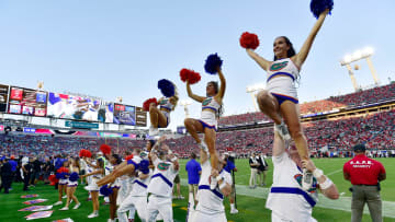 The Gator cheerleaders do what they can to keep the fans involved in the game at the start of the fourth quarter. The annual Florida vs Georgia football game at EverBank Stadium in Jacksonville, FL, Saturday, October 27, 2023. Georgia walked away with a final score of 43 to 20. [Bob Self/Florida Times-Union]