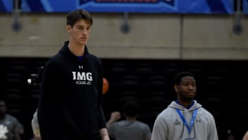 IMG Blue's Olivier Rioux, tallest teenager and high school basketball player in the world, watches as his team warms up for their game against Keystone in the Governors Challenge at Wicomico Civic Center in Salisbury, Maryland.

Bkh Img Academy Blue Keystone Athletic Academy Governors Challenge