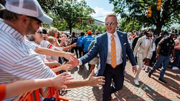 Auburn Tigers head coach Bryan Harsin greets fans during tiger walk before Auburn Tigers take on Mercer Bears at Jordan-Hare Stadium in Auburn, Ala., on Saturday, Sept. 3, 2022.