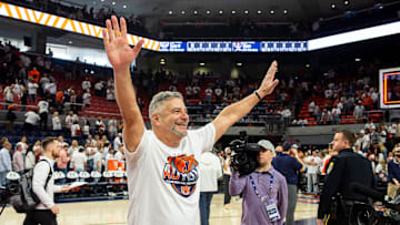 Auburn Tigers head coach Bruce Pearl acknowledges the crowd after the game as Auburn Tigers men's basketball takes on Texas A&M Aggies at Auburn Arena in Auburn, Ala., on Saturday, Feb. 12, 2022. Auburn Tigers defeated Texas A&M Aggies 75-58.
