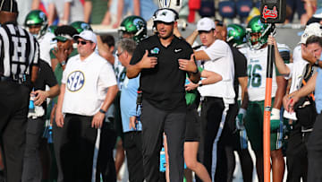Sep 20, 2025; Oxford, Mississippi, USA; Tulane Green Wave head coach Jon Sumrall looks on during the fourth quarter against the Mississippi Rebels at Vaught-Hemingway Stadium. Mandatory Credit: Petre Thomas-Imagn Images