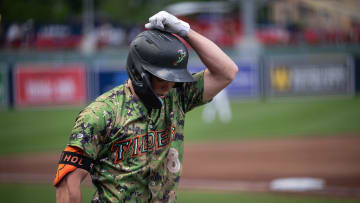 Norfolk's Jackson Holliday, the No. 1 overall draft pick in 2022 and top prospect in baseball in most ranking systems, walks to the batter's box during Tuesday's game at Polar Park.