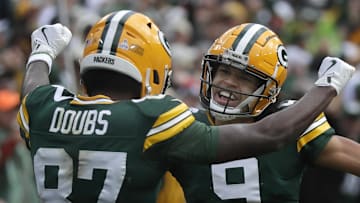 Oct 13, 2024; Green Bay, Wisconsin, USA; Green Bay Packers wide receiver Romeo Doubs (87) celebrates during the second half against the Arizona Cardinals at Lambeau Field. Mandatory Credit: Wm. Glasheen/USA TODAY Network via Imagn Images
