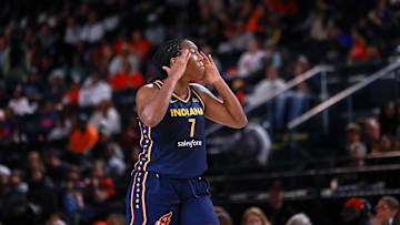 May 28, 2025; Washington, District of Columbia, USA; Indiana Fever forward Aliyah Boston (7) reacts to a call by the referee in the second half against the Washington Mystics at Entertainment & Sports Arena. Mandatory Credit: Emily Faith Morgan-Imagn Images