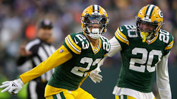 Green Bay Packers cornerback Jaire Alexander (23) and safety Rudy Ford (20) celebrate after breaking up a pass play against the Minnesota Vikings during their football game on Sunday, January, 1, 2023 at Lambeau Field in Green Bay, Wis. 
Wm. Glasheen USA TODAY NETWORK-Wisconsin