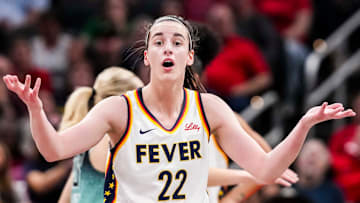 Indiana Fever guard Caitlin Clark (22) reacts to the officiating Saturday, May 24, 2025, during a game between the Indiana Fever and the New York Liberty at Gainbridge Fieldhouse in Indianapolis. The New York Liberty defeated the Indiana Fever, 90-88.