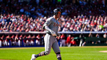Detroit Tigers designated hitter Kerry Carpenter (30) runs after batting a single against Cleveland Guardians during the first inning of Game 1 of ALDS at Progressive Field in Cleveland, Ohio on Saturday, Oct. 5, 2024.
