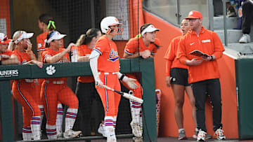 Clemson senior Maddie Moore (28) on deck vs UNC