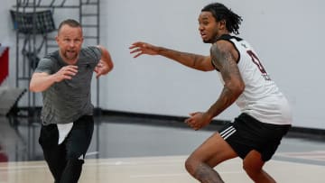 James Scott guards Louisville coach Pat Kelsey during practice before the Cards head to the Bahamas. July 26, 2024