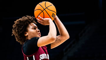 South Carolina guard Maddy McDaniel (1) sends a shot up at practice at Amalie Arena in Tampa, Florida, Thursday, April 3, 2025 ahead of their Final Four match-up against the Texas Longhorns on Friday.