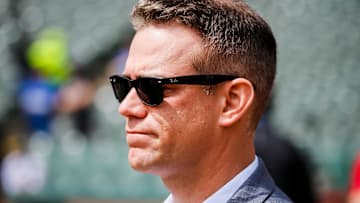 Mar 28, 2019; Arlington, TX, USA; Chicago Cubs president of baseball operations Theo Epstein stands