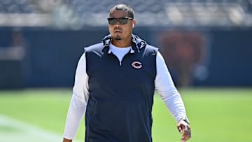 Sep 10, 2023; Chicago, Illinois, USA;  Chicago Bears general manager Ryan Poles walks laps around the field before their game against the Green Bay Packers at Soldier Field. Mandatory Credit: Jamie Sabau-Imagn Images