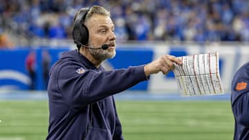 Nov 28, 2024; Detroit, Michigan, USA; Chicago Bears head coach Matt Eberflus on the sidelines during the second half against the Detroit Lions at Ford Field. Mandatory Credit: David Reginek-Imagn Images