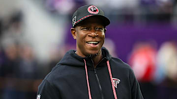 Dec 8, 2024; Minneapolis, Minnesota, USA; Atlanta Falcons head coach Raheem Morris looks on before the game against the Minnesota Vikings at U.S. Bank Stadium. Mandatory Credit: Matt Krohn-Imagn Images