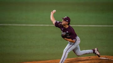 Texas A&M pitcher Chris Cortez (10) pitches in the first inning of the Longhorns' game against the Texas A&M Aggies at the UFCU Disch-Falk Field in Austin, Tuesday, March 5, 2024.