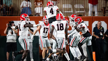 Georgia celebrate a touchdown in the first quarter of the Longhorns' game against the Georgia Bulldogs at Darrell K. Royal Texas Memorial Stadium in Austin, Oct. 19, 2024.
