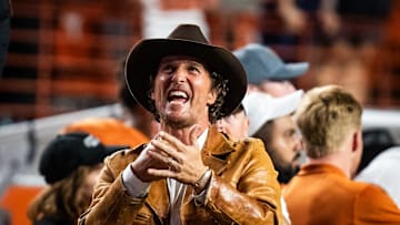 Matthew McConaughey reacts to a call by the referees in the third quarter of the Longhorns' game against the Georgia Bulldogs at Darrell K. Royal Texas Memorial Stadium in Austin, Oct. 19, 2024.