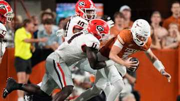 Oct 19, 2024; Austin, Texas, USA; Georgia Bulldogs linebacker Jalon Walker sacks Texas Longhorns quarterback Quinn Ewers in the second quarter at Darrell K. Royal Texas Memorial Stadium. Mandatory Credit: Jay Janner/USA TODAY Network via Imagn Images