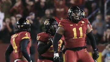 Iowa State Cyclones defensive line Tyler Onyedim (11) celebrates after a quarterback sack against Texas during the first quarter in the Big-12 football showdown at Jack Trice Stadium on Saturday, Nov. 18, 2023, in Ames, Iowa.