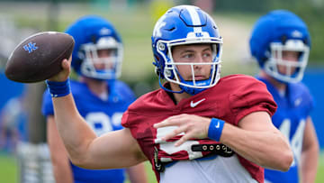 Kentucky Wildcat quarterback Zach Calzada throws during practice on Friday, August 1, 2025.