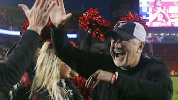 Texas Tech Red Raiders' football head coach Joey MCGuire celebrates after winning 23-22 over Iowa State Cyclones in the week-10 NCAA football at Jack Trice Stadium on Saturday, Nov. 2, 2024, in Ames, Iowa.