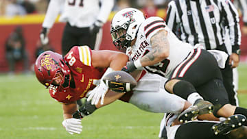 Texas Tech Red Raiders' linebacker Jacob Rodriguez (10) knocks out the ball ball from Iowa State Cyclones tight end Gabe Burkle (82) and created a fumble during the third quarter in the week-10 NCAA football at Jack Trice Stadium on Saturday, Nov. 2, 2024, in Ames, Iowa.