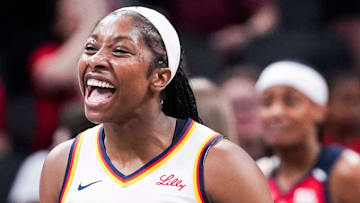 Indiana Fever guard Aari McDonald (2) celebrates Tuesday, June 3, 2025, during a game between the Indiana Fever and the Washington Mystics at Gainbridge Fieldhouse in Indianapolis.
