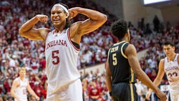 Indiana's Malik Reneau (5) celebrates during the Indiana versus Purdue mens basketball game at Simon Skjodt Assembly Hall on Sunday, Feb. 23, 2025.