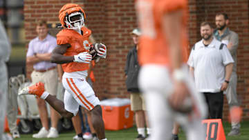 Clemson running back Gideon Davidson (9) runs during Spring Practice in Clemson, S.C. Monday, March 24, 2025.