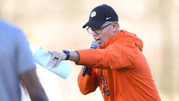 Clemson defensive coordinator Tom Allen during the first football practice at the Allen N. Reeves Football Complex at Clemson University in Clemson, S.C. Friday, February 28, 2025.