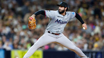 May 28, 2024; San Diego, California, USA;  Miami Marlins relief pitcher Andrew Nardi (43) throws a pitch during the seventh inning against the San Diego Padres at Petco Park. Mandatory Credit: David Frerker-Imagn Images