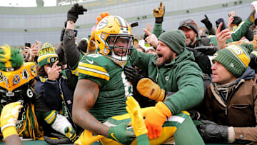 Green Bay Packers running back Josh Jacobs (8) celebrates after scoring a touchdown against the Chicago Bears on Sunday, January 5, 2024 at Lambeau Field in Green Bay, Wis. 
Wm. Glasheen USA TODAY NETWORK-Wisconsin
