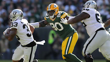 Green Bay Packers defensive tackle Montravius Adams (90) against the Oakland Raiders during their football game Sunday, October 20, 2019, at Lambeau Field in Green Bay, Wis.