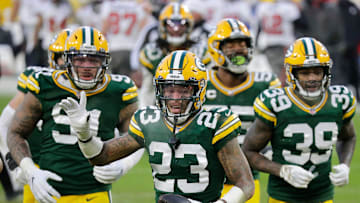 Green Bay Packers cornerback Jaire Alexander (23) celebrates a fourth quarter interception against the Tampa Bay Buccaneers during the NFC Championship game on Sunday, January 24, 2021, at Lambeau Field in Green Bay, Wis.
Wm. Glasheen USA TODAY NETWORK-Wisconsin