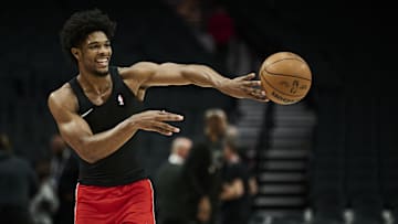 Feb 6, 2025; Portland, Oregon, USA; Portland Trail Blazers guard Scoot Henderson (00) warms ups before a game against the Sacramento Kings at Moda Center. Mandatory Credit: Troy Wayrynen-Imagn Images