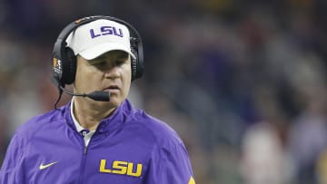 Dec 29, 2015; Houston, TX, USA; LSU Tigers head coach Les Miles watches play against the Texas Tech Red Raiders in the first quarter at NRG Stadium. Mandatory Credit: Thomas B. Shea-USA TODAY Sports