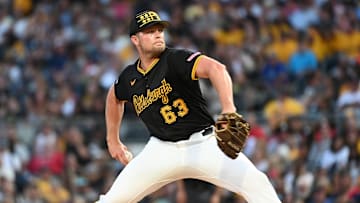 Aug 24, 2024; Pittsburgh, Pennsylvania, USA;  Pittsburgh Pirates pitcher Hunter Stratton (63) throws to the Cincinnati Reds at PNC Park. Mandatory Credit: Philip G. Pavely-Imagn Images